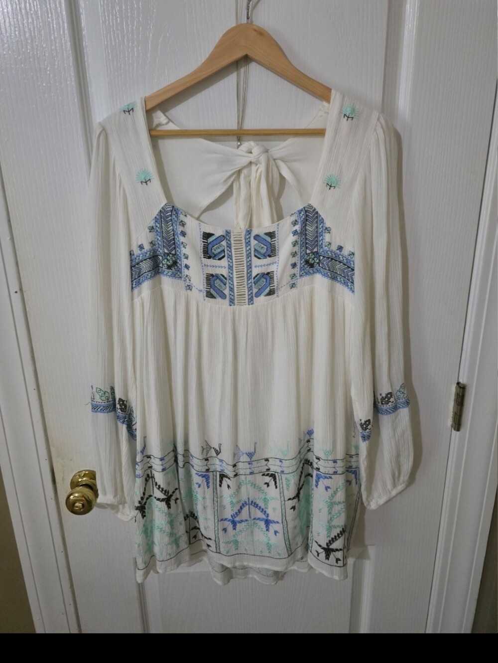 Free People White Mini Dress with Blue Embroidered Trim